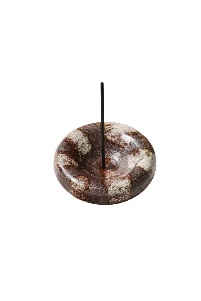 Spell The Vessel Holder in Chocolate ceramic incense holder with brown and cream stripe glaze