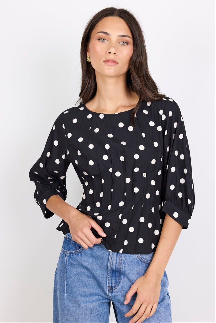Theatrical Black Polka Dot Pintuck Shaped SS Top