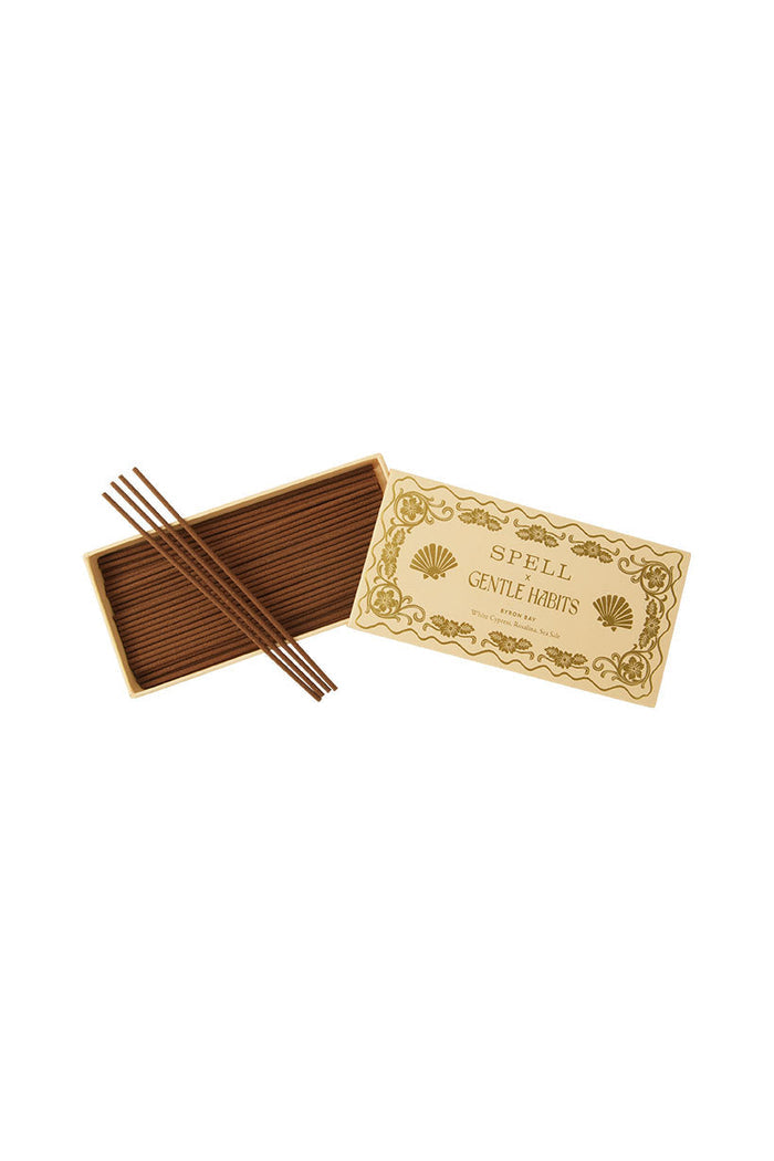 Spell x Gentle Habits incense sticks in cream gold-print box, White Cypress Rosalina Sea Salt scent