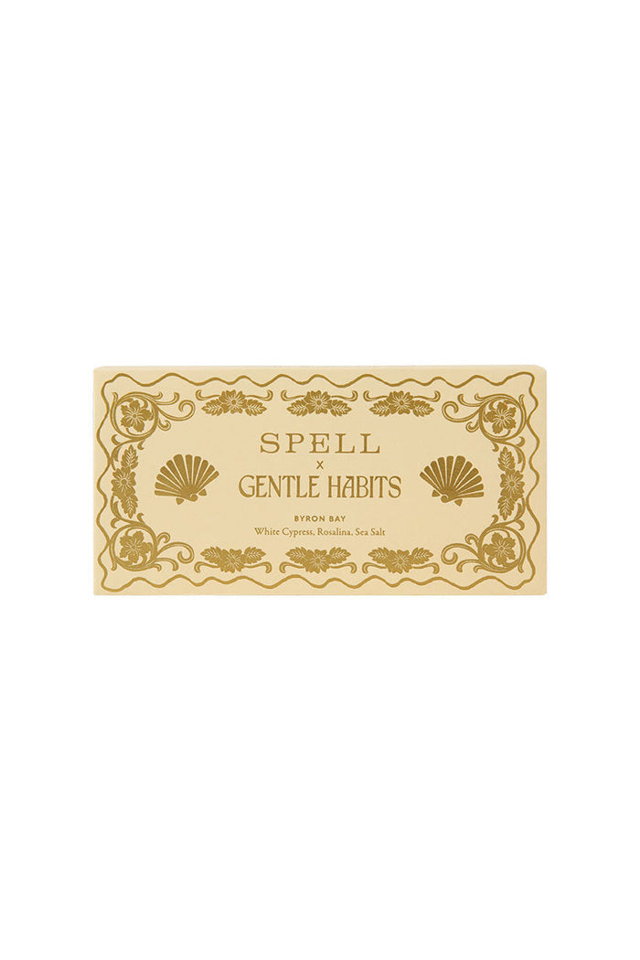 Spell x Gentle Habits incense box with gold floral and shell motif on cream card packaging