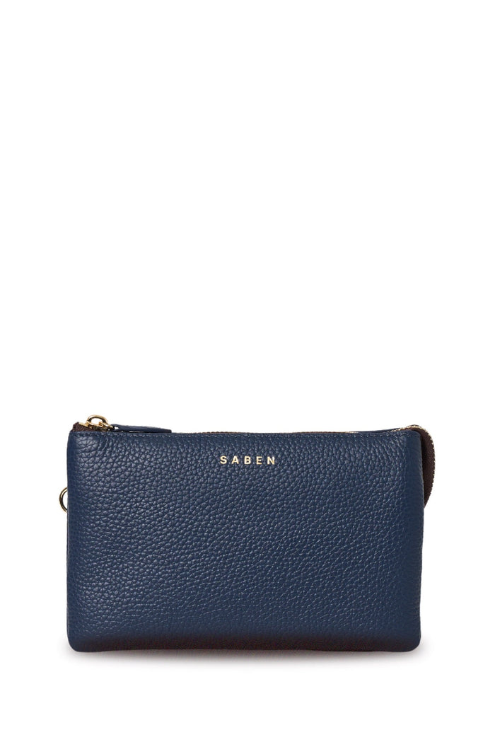 Blue wallet with 'SABEN' branding on a white background