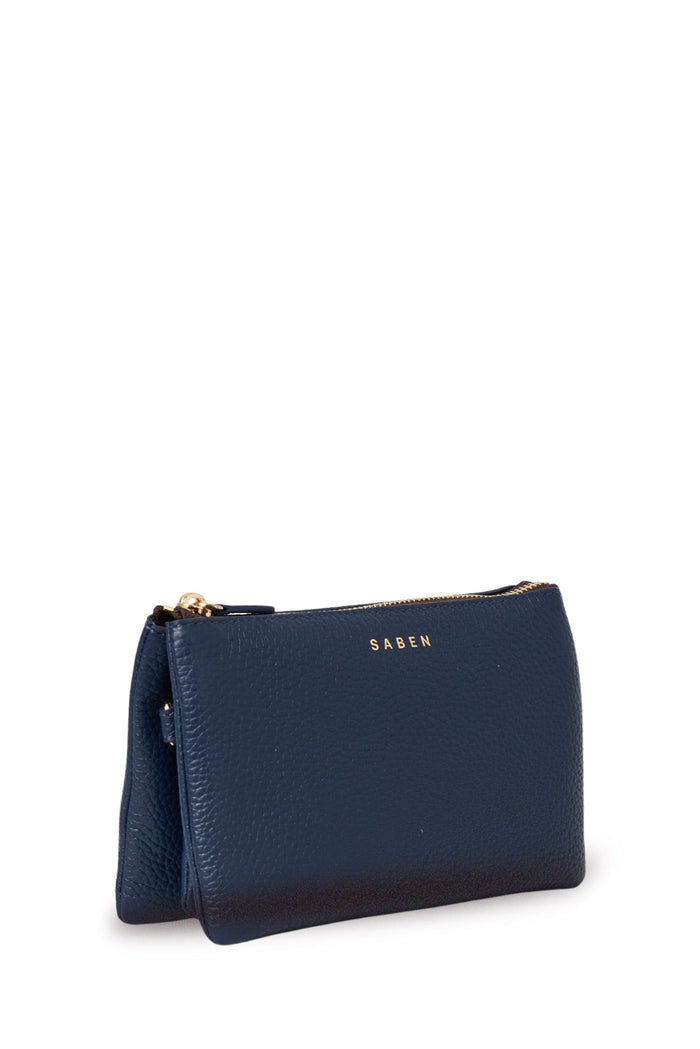 Navy blue wallet with gold zipper on a white background