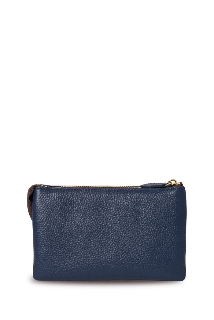 Blue leather pouch with a gold zipper on a white background