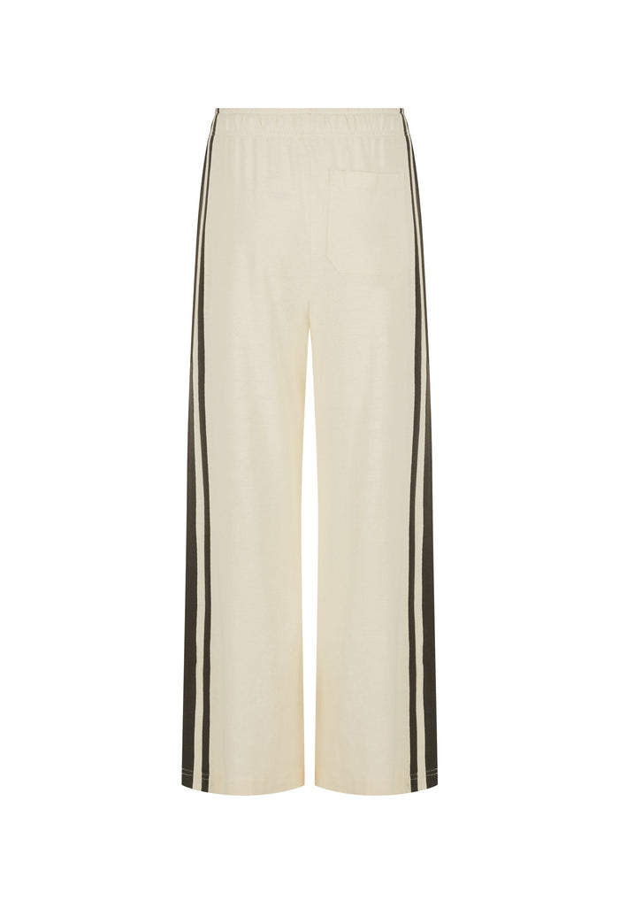 Cream wide-leg cropped trousers with double dark brown stripes down the sides, shown against a plain white background.