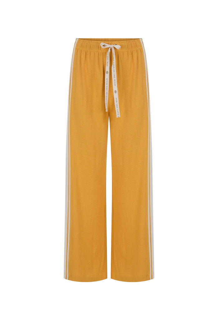 Yellow wide-leg pants with white side stripes and a white drawstring waist, shown on a plain white background.