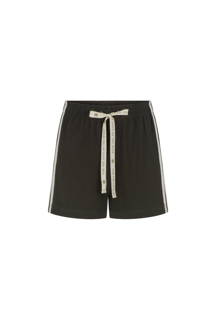 Black athletic shorts with white side stripes and a white patterned drawstring tie, shown on a plain white background.