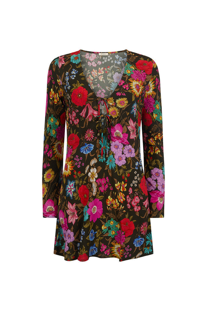 Front flat lay of Valley of the Dolls Bias Mini Dress in Onyx, multi floral ECOVERO viscose, front ties, wide cuffs