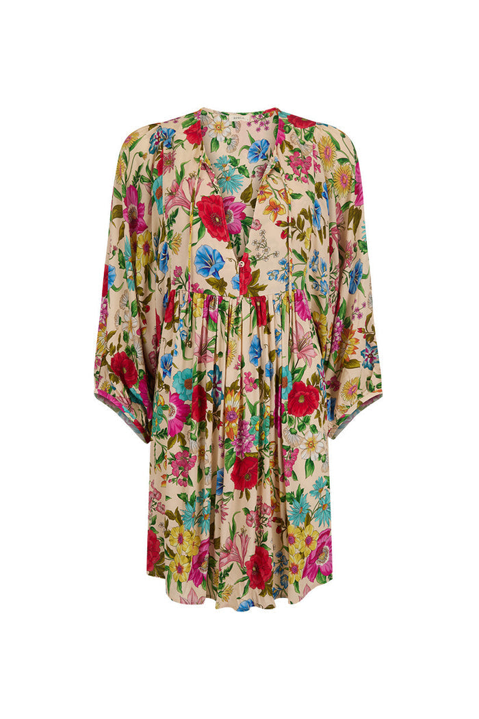 Front flat lay of Valley of the Dolls Boho Mini Dress in Opal, gathered skirt and wide cuffs, floral ECOVERO viscose