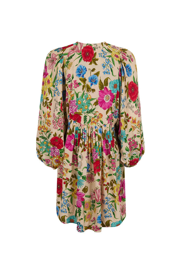 Back flat lay of Valley of the Dolls Boho Mini Dress in Opal, ECOVERO viscose, multicolour floral print, back waist ties