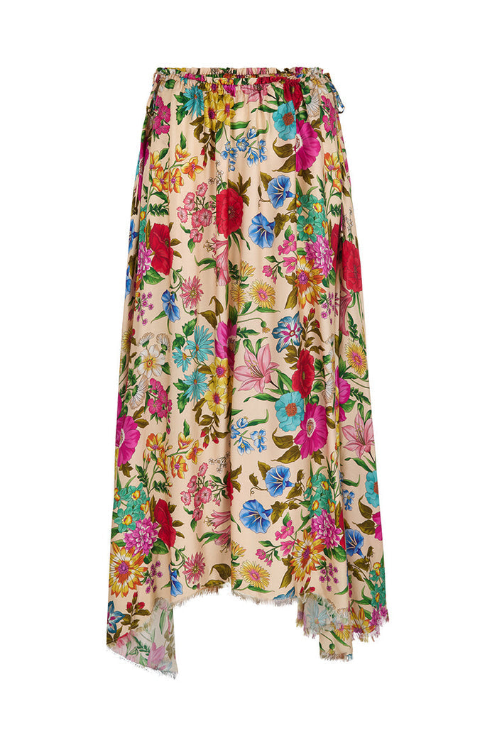 Front flat lay of floral TENCEL skirt, elastic waist with side ties, hi-lo silhouette and frayed hem