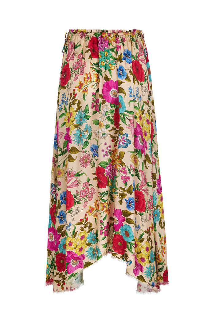 Back flat lay of Valley of the Dolls Maxi Skirt in Opal, TENCEL lyocell, hi-lo hem, frayed edges, floral print