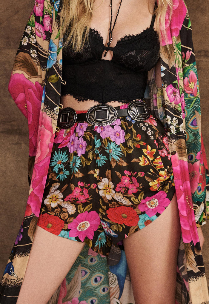 Spell Valley of the Dolls women's floral ECOVERO viscose shorts in Onyx with elastic waist and ruched ties