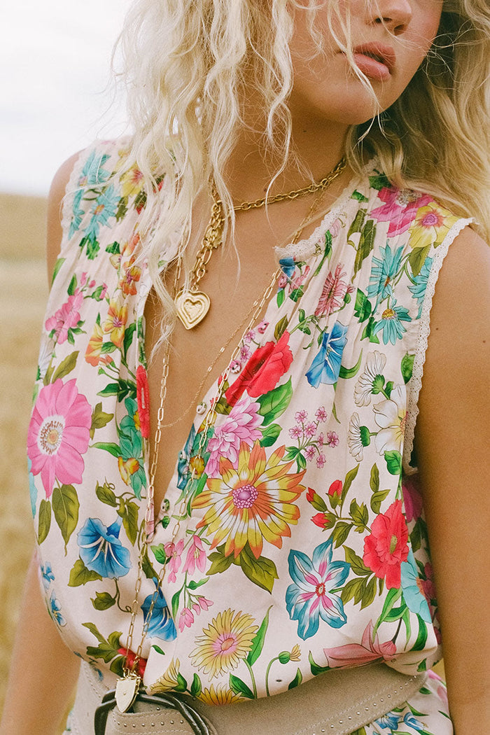Close-up of lace-trim neckline and pintuck bodice on floral TENCEL blouse with deep V placket and self-covered buttons