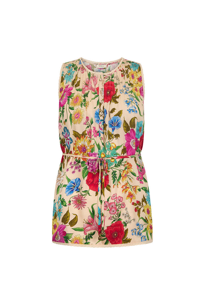 Valley of the Dolls Sleeveless Blouse Opal flat lay, floral TENCEL front, lace trim, self-tie belt with charm