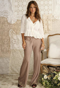 Model wearing Fossil TENCEL Vina Lace Bias Pant, front view, lace-trimmed hem and straight leg silhouette