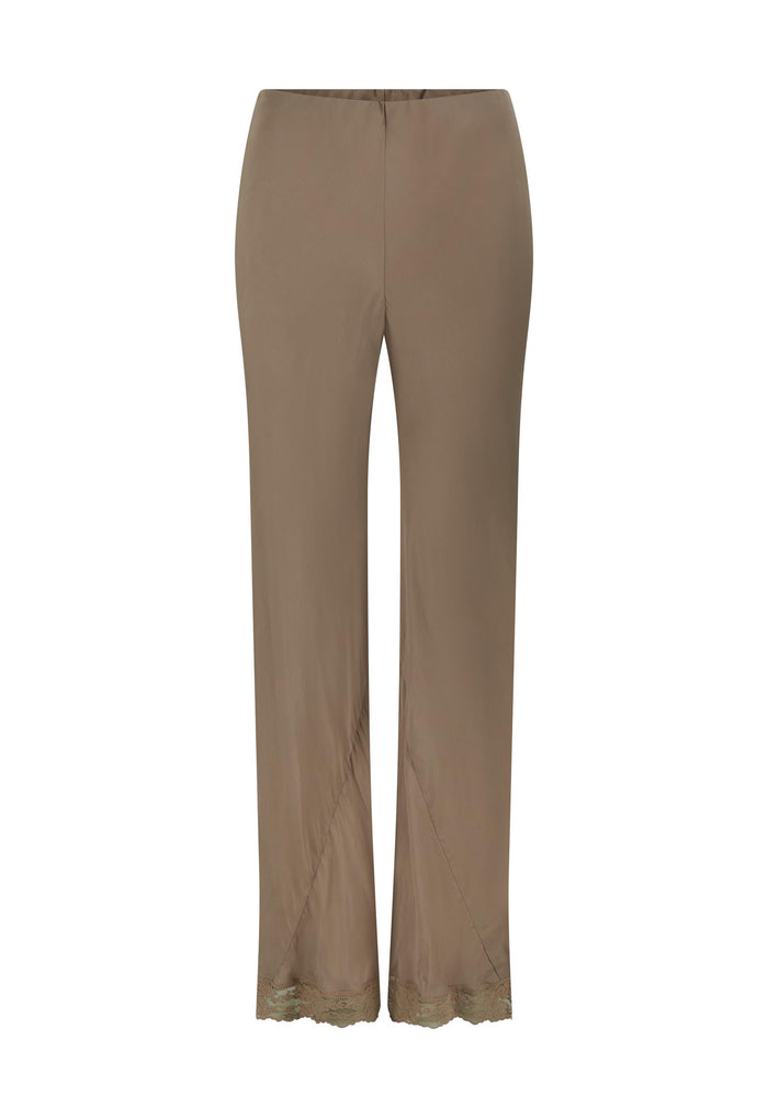 Fossil TENCEL lyocell bias pant flat lay, front view showing lace-trim hem and smooth elastic waist