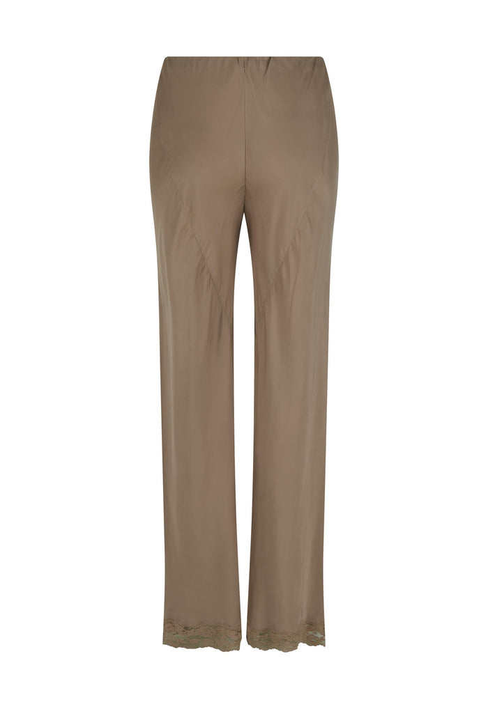 Back flat lay of Fossil TENCEL pant showing lace-trim hem, panel seam leg detail, and elastic waist on white background