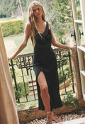 Spell women's Vina Lace Slip Dress in Midnight black TENCEL maxi with lace straps and front split