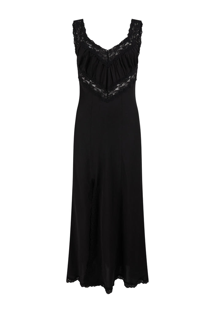 Front flat lay of black TENCEL maxi slip dress, lace straps, gathered bust, V-waist lace trim and lace hem detail