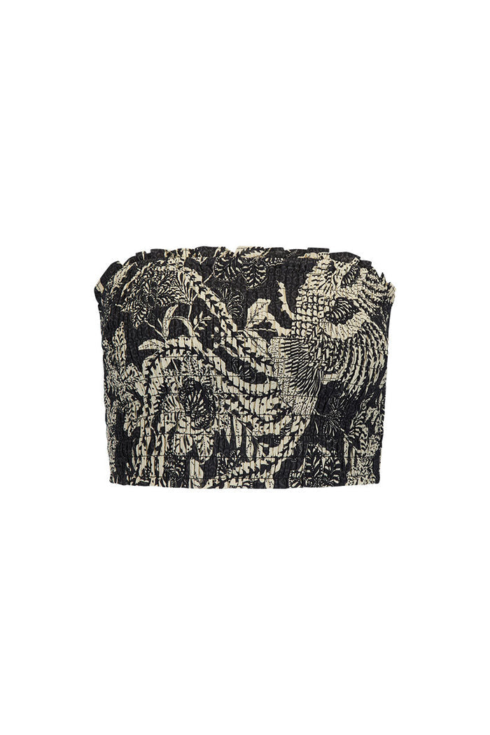 Front flat lay of Volcano Goddess Bandeau, black multi print, shirred bodice with frill on upper edge, white background