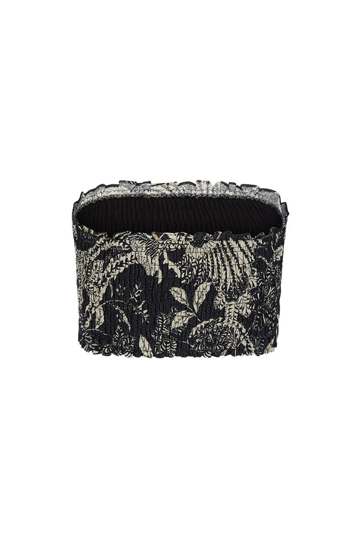 Back flat lay of Volcano Goddess Bandeau in Liquorice, shirred bodice with frill upper edge, black floral print