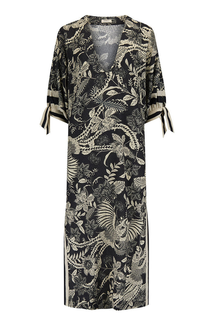 Volcano Goddess Kaftan in Liquorice flat lay, front view showing V-neckline, sleeve hem ties and side stripe detail