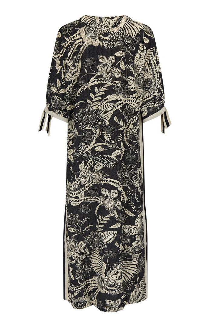 Volcano Goddess Kaftan in Liquorice, back flat lay, showing side stripe detail and sleeve hem ties on white background