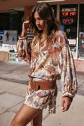 Spell women's Volcano Goddess Shirt Dress in Coconut, brown multi floral print with balloon sleeves