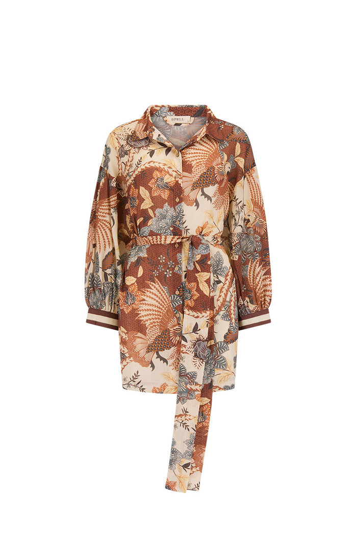 Volcano Goddess Shirt Dress in Coconut, front flat lay, batik bird print with waist tie and striped cuffs