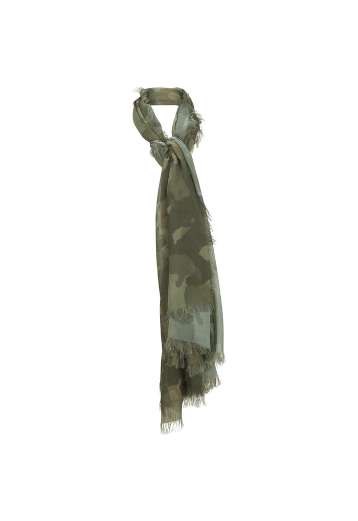 Wild and Free Travel Scarf in Camo Green, knotted display showing frayed edges and LENZING™ Modal drape, white background