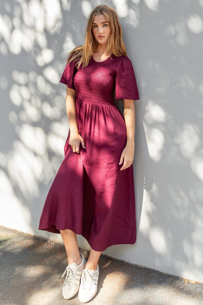Wren Burgundy Plum SS Shirred Bodice Midi Dress