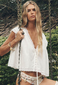 Spell women's Young At Heart Crop Blouse antique white organic cotton with lace trim and front button opening