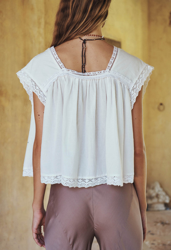 Back view of a model wearing Young At Heart Crop Blouse, showing lace-trim hem, yoke and sleeve edges
