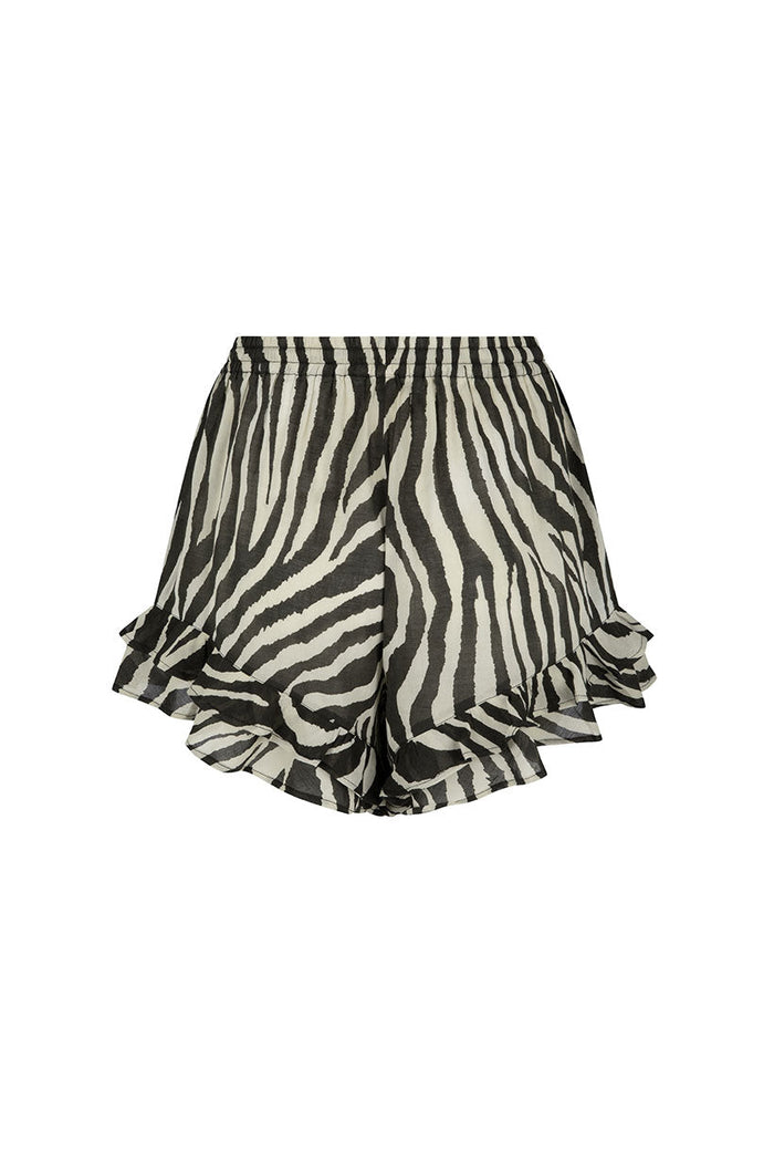 Zebra print ruffle-hem shorts laid flat on white, showing elasticated waist and double frill leg opening