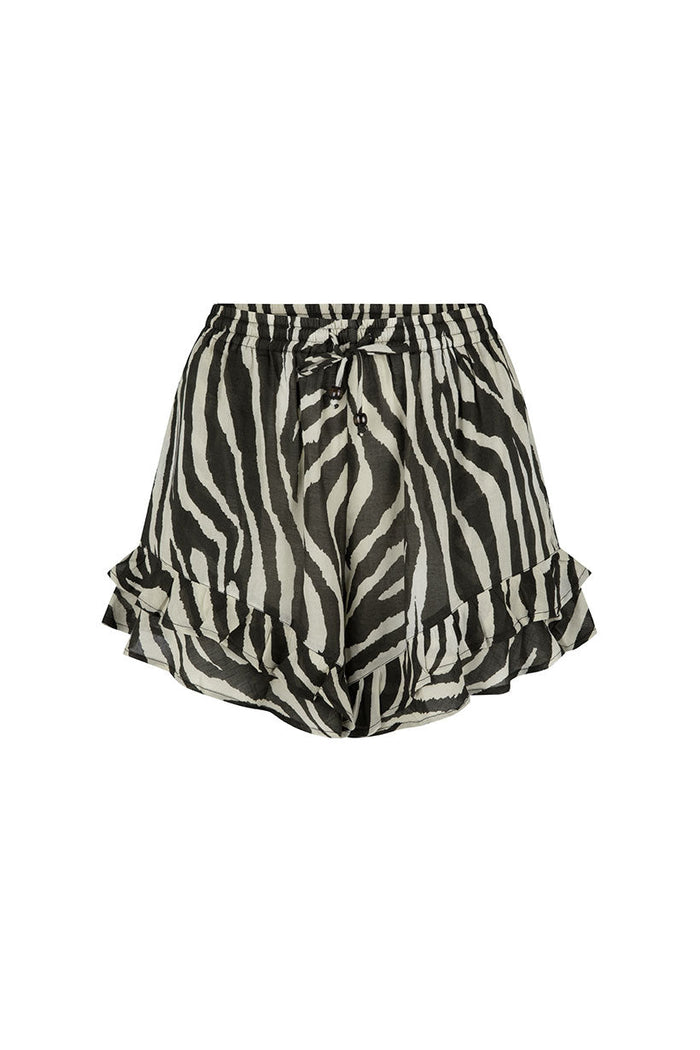 Zebra print ruffle-hem shorts laid flat, elasticated drawstring waist, black and cream stripe pattern