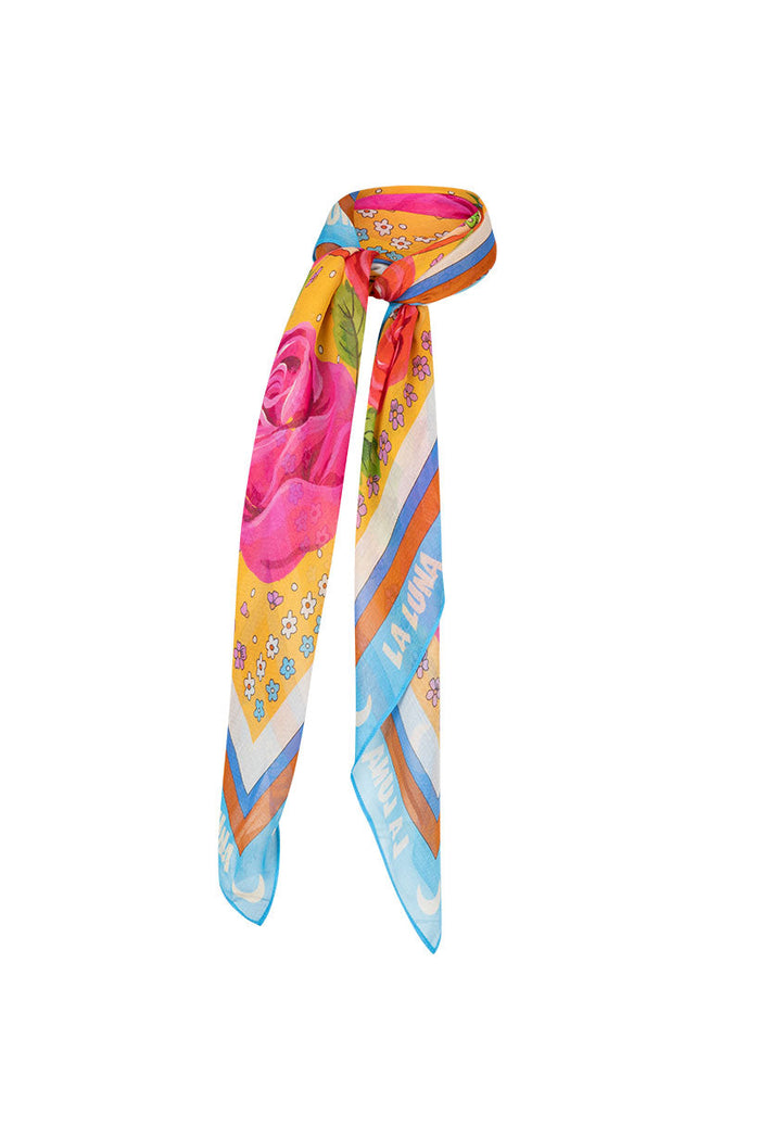 Aphrodite scarf tied in a knot, multicolour La Luna rose and daisy print with striped border on white
