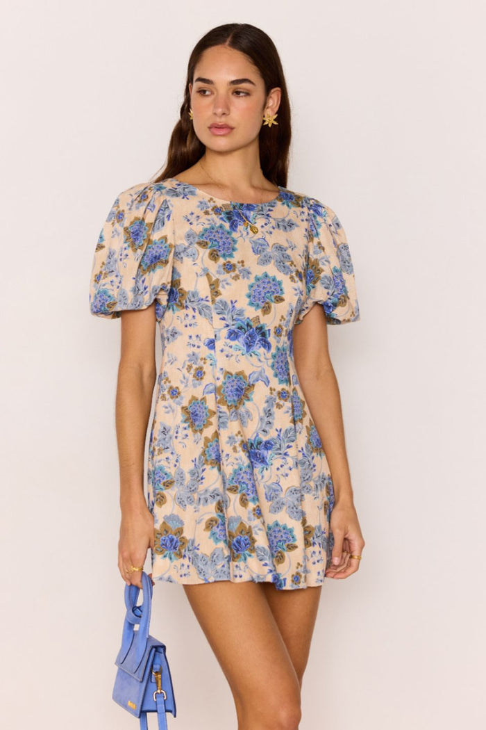 model wears a blue floral mini dress