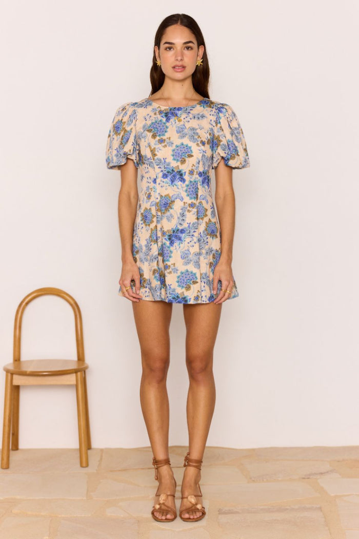 model wears a blue floral mini dress